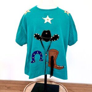 Y2K Western Tshirt - Embellished - Green - Cowgirl - One Size